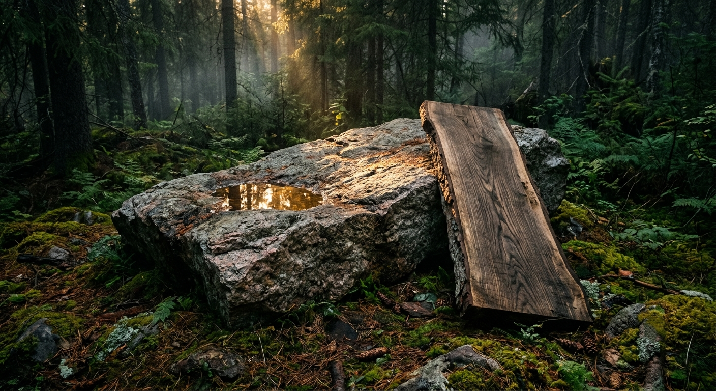 Workshop table with raw wood slabs, metal blocks and tools under a brass lamp