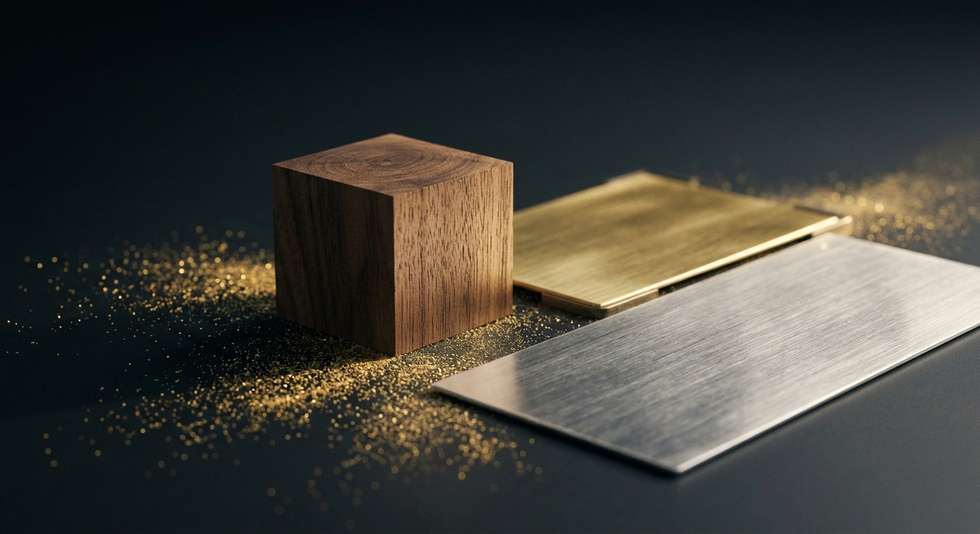 Wood block, brushed gold and steel material samples with golden dust