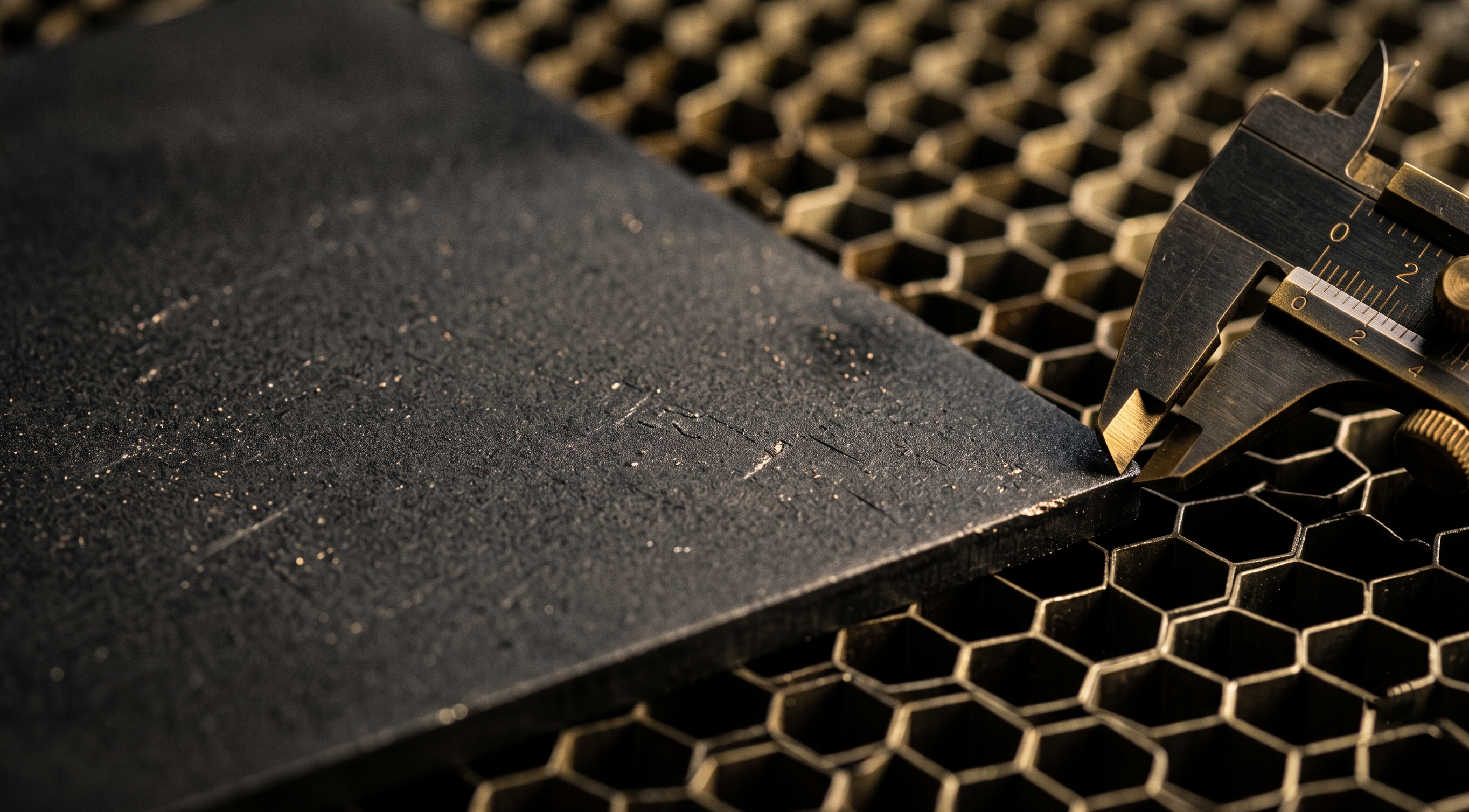 Precision calipers measuring material on a laser cutter honeycomb bed