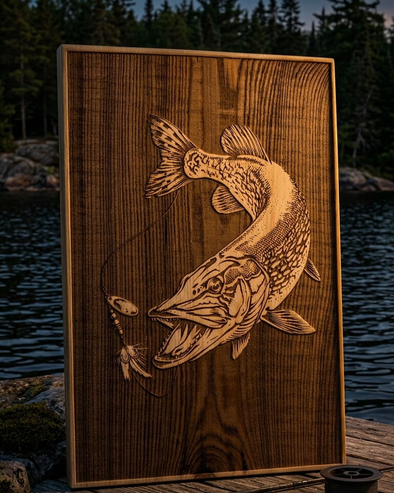 Pike strike laser engraving on wood panel